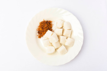 Popular food during mid mubarak in Malaysia. Food like cubes rice with serunding or dry chicken are commonly eaten together.