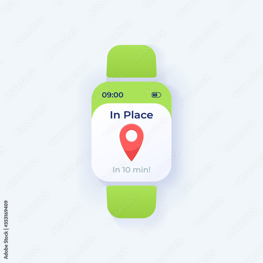 Poster travel reminder smartwatch interface vector template. navigation mobile app notification day mode de