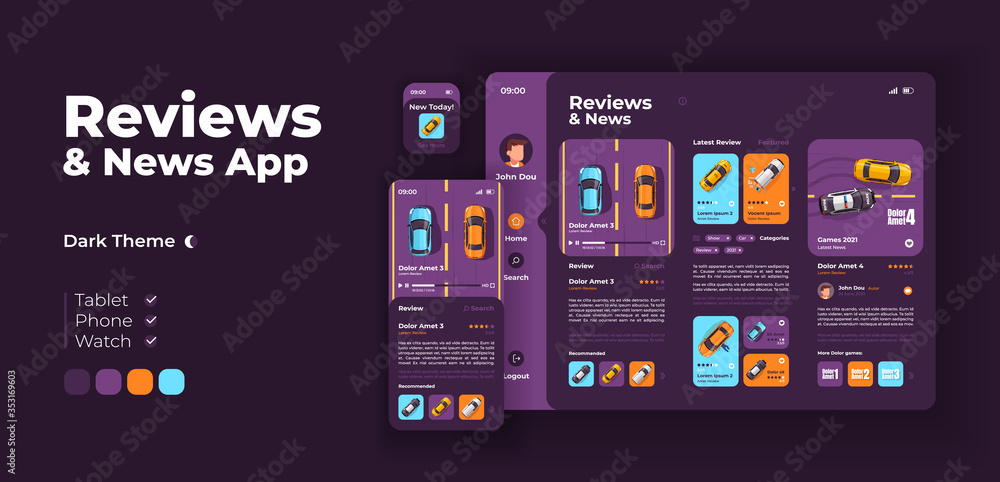 Poster transport reviews app screen vector adaptive design template. application night mode interface with 