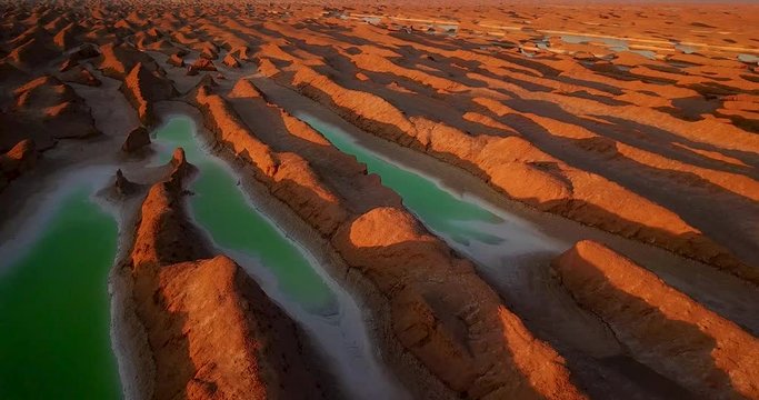 Aerial Interesting Green Salt Lake In The Middle Of A Golden Lut Dessert