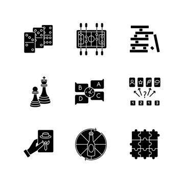 Party games black glyph icons set on white space. Recreation activities, fun pastime silhouette symbols. Various competitive and educational games for friends and family. Vector isolated illustrations