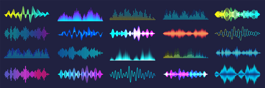 Colored sound waves collection. Analog and digital audio signal. Music equalizer. Interference voice recording. High frequency radio wave. Vector illustration.