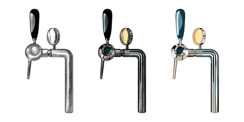 Beer tap isolated on white background. Hand drawn beer tap. Vintage engraved style.