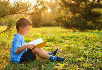 Little boy a schoolboy in a park at sunset reads a book. A surprised joyful child in a blue shirt with a yellow book in the park sits on the grass at sunset. Distance learning has ended.