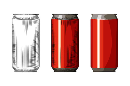 Beverage red can isolated on white background. Hand drawn beer can template. Vintage engraved style vector illustration.