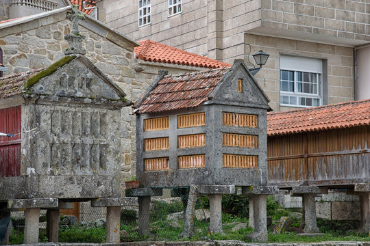 Ancient horreos in Combarro, a parish belonging to the municipality of Poio in Pontevedra, Galicia, Spain, Europe.