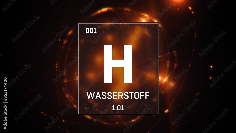 Sticker 3d illustration of hydrogen as element 1 of the periodic table. orange illuminated atom design backg