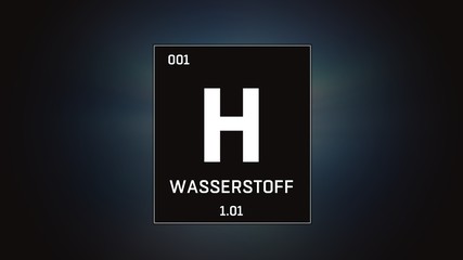 3D illustration of Hydrogen as Element 1 of the Periodic Table. Grey illuminated atom design background orbiting electrons name atomic weight and element number in German language