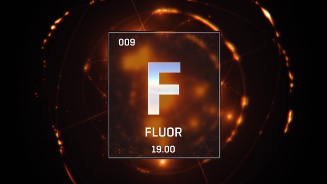 3D illustration of Fluorine as Element 9 of the Periodic Table. Orange illuminated atom design background orbiting electrons name, atomic weight element number in German language