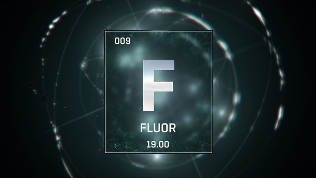 3D illustration of Fluorine as Element 9 of the Periodic Table. Green illuminated atom design background orbiting electrons name, atomic weight element number in German language