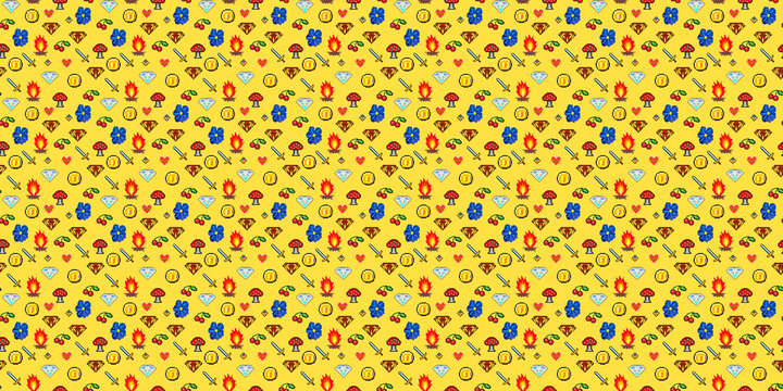 A funny pixel art assembly of videogame-related items (seamless repeating pattern): swords, gems, mushrooms, coins, and so on.
