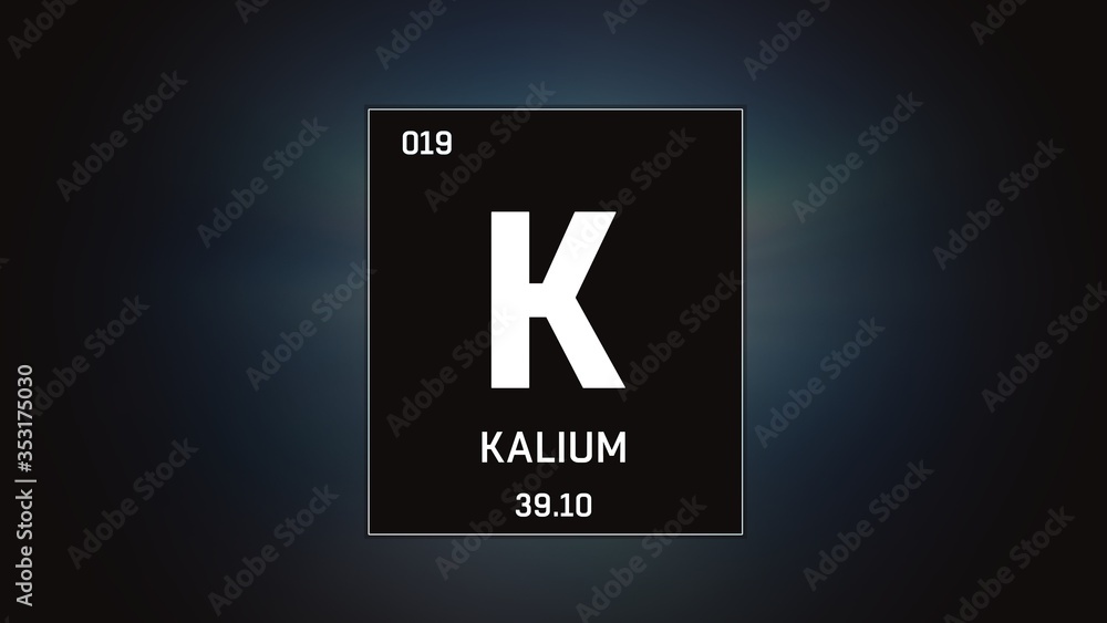 Poster 3d illustration of potassium as element 19 of the periodic table. grey illuminated atom design backg