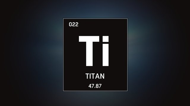 3D illustration of Titanium as Element 22 of the Periodic Table. Grey illuminated atom design background orbiting electrons name, atomic weight element number in German language