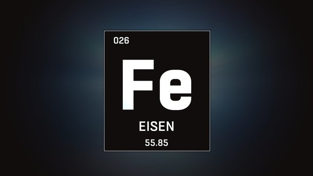 3D illustration of Iron as Element 26 of the Periodic Table. Grey illuminated atom design background orbiting electrons name, atomic weight element number in German language
