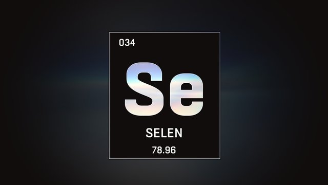 3D illustration of Selenium as Element 34 of the Periodic Table. Grey illuminated atom design background orbiting electrons name, atomic weight element number in German language