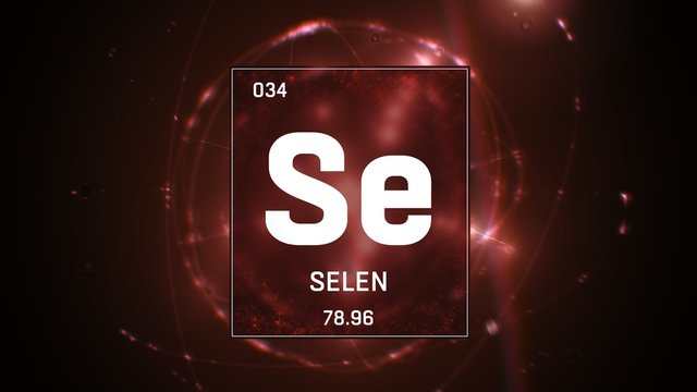 3D illustration of Selenium as Element 34 of the Periodic Table. red illuminated atom design background orbiting electrons name, atomic weight element number in German language