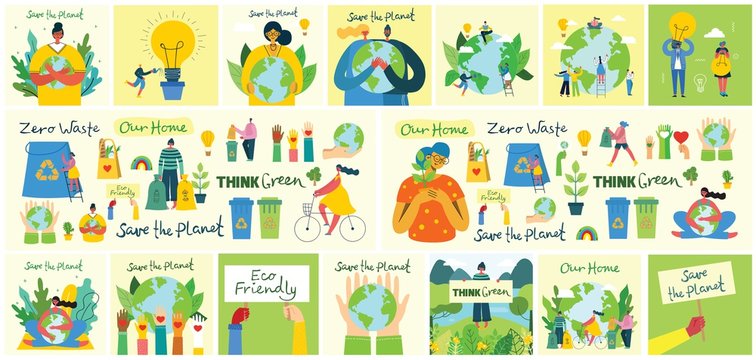 Big set of eco save environment pictures. people taking care of planet. Zero waste, think green, save the planet, our home handwritten text.