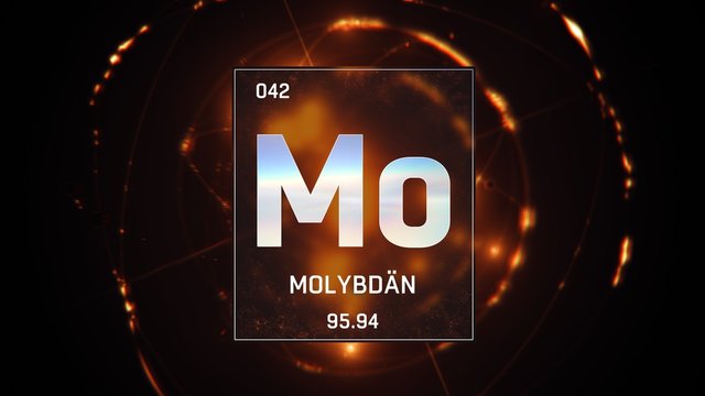3D illustration of Molybdenum as Element 42 of the Periodic Table. Orange illuminated atom design background orbiting electrons name, atomic weight element number in German language