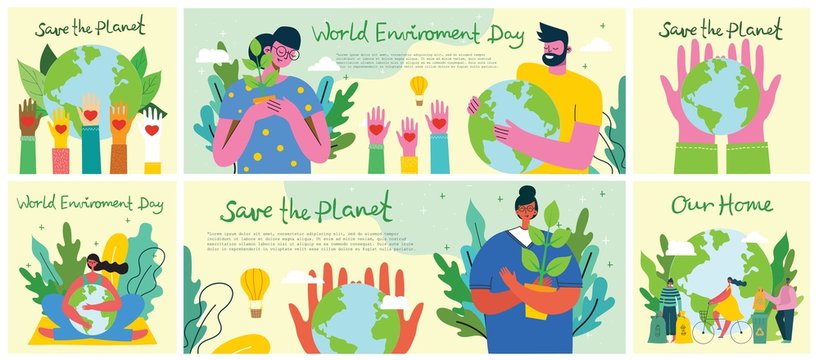 Big set of world environment day posters with people holding earth globe. Protect environment green eco concept. Green and peaceful illustration in modern flat style.