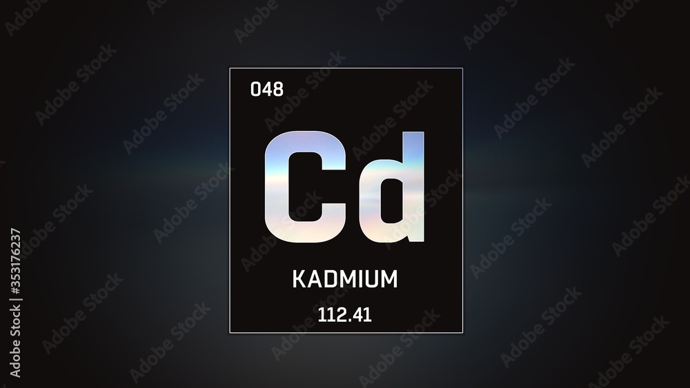 Poster 3d illustration of cadmium as element 48 of the periodic table. grey illuminated atom design backgro