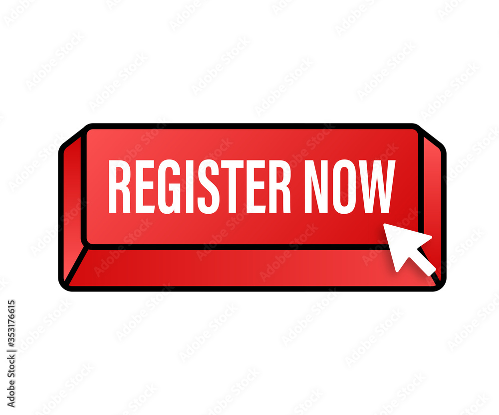 Poster register now with cursor button. internet icon. pointer click icon. vector stock illustration.