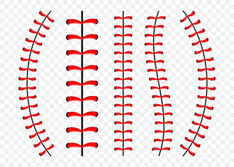 Baseball ball stitches, red lace seam isolated on background.