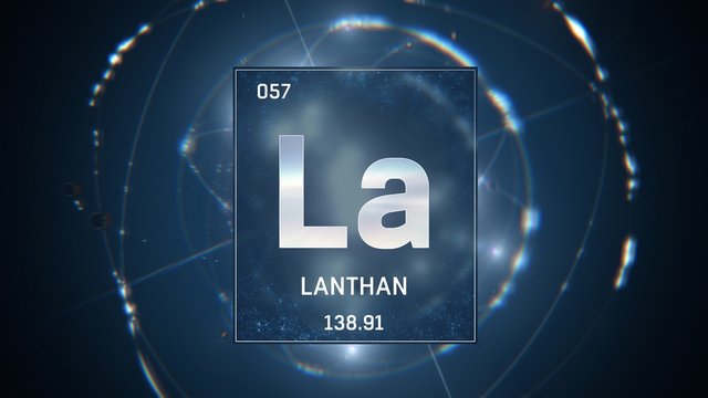 3D illustration of Lanthanum as Element 57 of the Periodic Table. Blue illuminated atom design background orbiting electrons name, atomic weight element number in German language