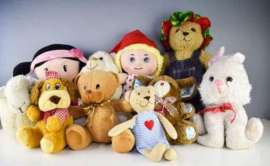 Stuffed animal and baby toys on a white isolated background. Plush or soft toys