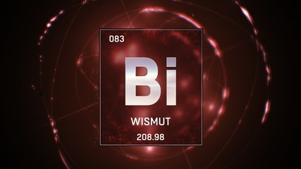 3D illustration of Bismuth as Element 83 of the Periodic Table. Red illuminated atom design background with orbiting electrons name atomic weight element number in German language