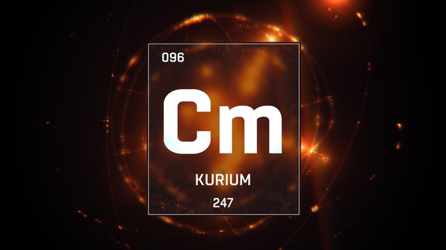3D illustration of Curium as Element 96 of the Periodic Table. Orange illuminated atom design background with orbiting electrons name atomic weight element number in German language