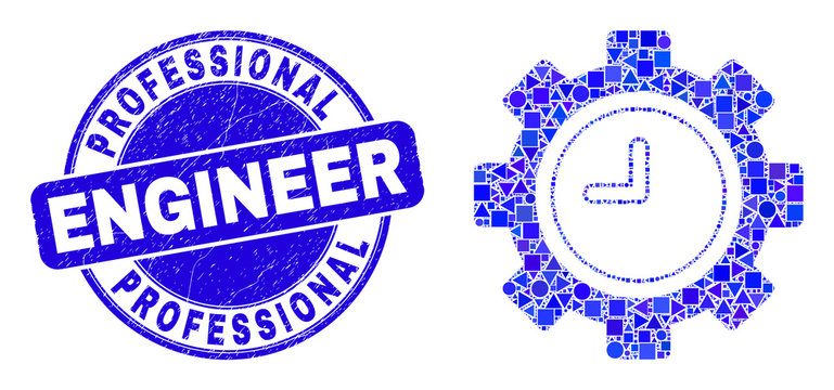 Geometric clock settings gear mosaic pictogram and Professional Engineer watermark. Blue vector rounded textured watermark with Professional Engineer phrase.