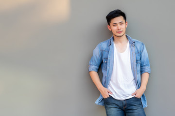 Portrait handsome asian man. Cool guy get happy time of life because he get lucky, success of...