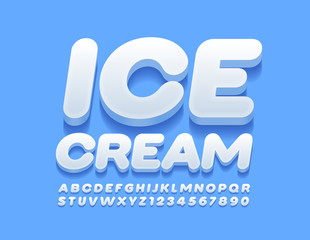 Vector stylish logo Ice Cream with creative 3D Font. White Alphabet Letters and Numbers