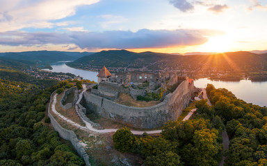 Amazing aerial landscapes about the Visegrad Castle in Hungary.  Fantastic historical castle ruin...