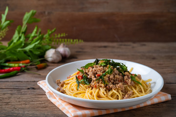 stir fried spicy spaghetti with minced pork and basil,Pad Kra Pao.