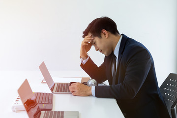 Close up Call center asian man feeling stress from work in the office , Call center operator having...