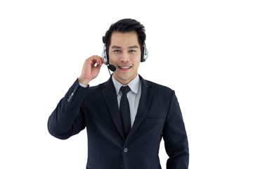 Clipping Path, Handsome young male with microphone in a call centre operator on white background.