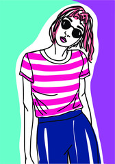 Hand drawn cute girl with retro striped t-shirt ,Sketch. Vector illustration.