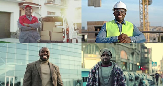 Colage of African American man of different professions. Delivery man near van outdoors. Happy male constructor smiling outside. Joyful businessman standing in front of building. Serious guy on street