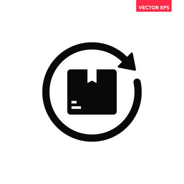 Black update delivery status icon, simple thick linear package with 2 arrows around flat design pictogram vector for app ads logo web button ui ux interface elements isolated on white background