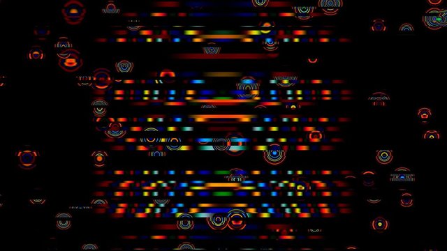 Shimmering Colorful Rings and Stripes. On a black background, bright multi-colored rings and moving stripes flicker.  You can loop seamlessly.

