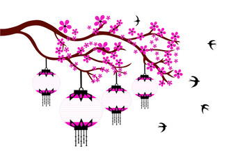 Vector illustration of beautiful tree branch with hanging kandeel flying birds for Deepawali. Diwali Decoration.