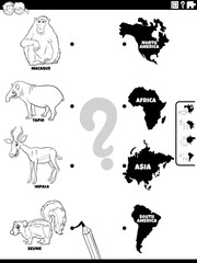 match animal species and continents color book page