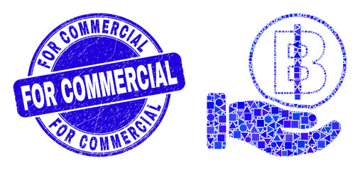 Geometric hand offer bitcoin mosaic icon and For Commercial stamp. Blue vector round scratched stamp with For Commercial phrase. Abstract composition of hand offer bitcoin done of round, triangles,