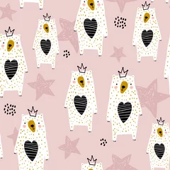 Gordijnen Naadloze patroon met schattige beer prinses. Creatieve Scandinavische kinderachtige textuur. Geweldig voor stof, textiel vectorillustratie © solodkayamari
