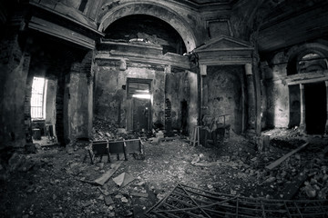 Beautiful, scary and mystical interior of an abandoned church