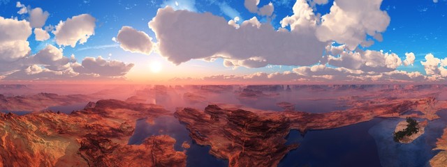 
Panorama of canyons and gorges under the skies with clouds and the sun, 3D rendering
