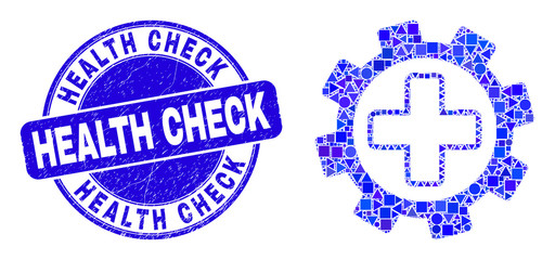 Geometric medical service gear mosaic pictogram and Health Check seal stamp. Blue vector round textured seal with Health Check phrase. Abstract composition of medical service gear made of round,