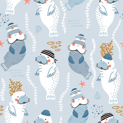 Materiał do szycia Seamless childish pattern with cute manatees sailor caps and bandanas. Creative scandinavian style under see kids texture for fabric, wrapping, textile, wallpaper, apparel. Vector illustration