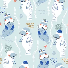  Naadloos kinderachtig patroon met schattige zeekoeien matroos caps en bandana& 39 s. Creatieve scandinavische stijl onder zie kindertextuur voor stof, verpakking, textiel, behang, kleding. vector illustratie © solodkayamari